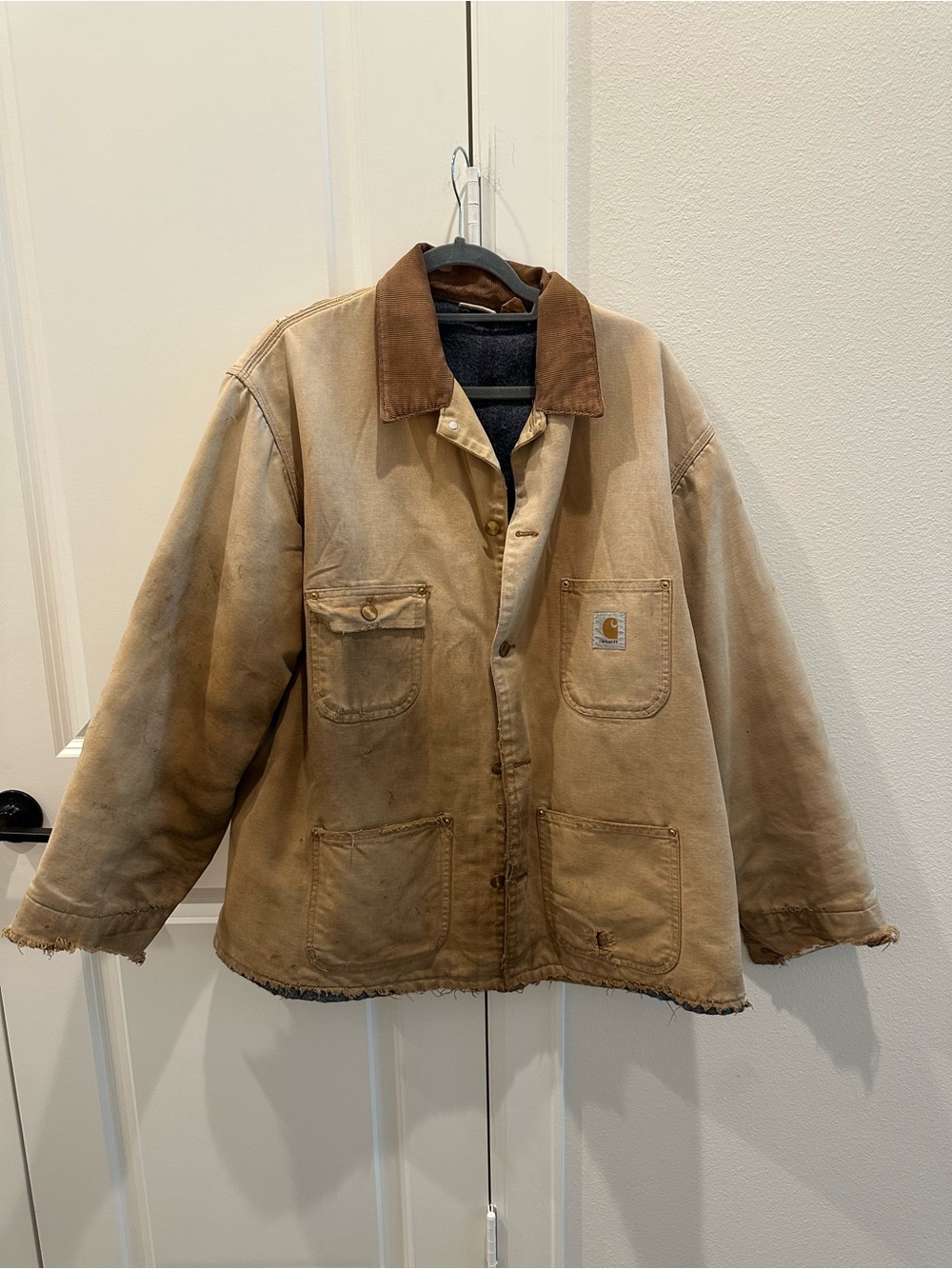 Carhartt Tan Canvas Chore Coat with Brown Corduroy Collar distressed